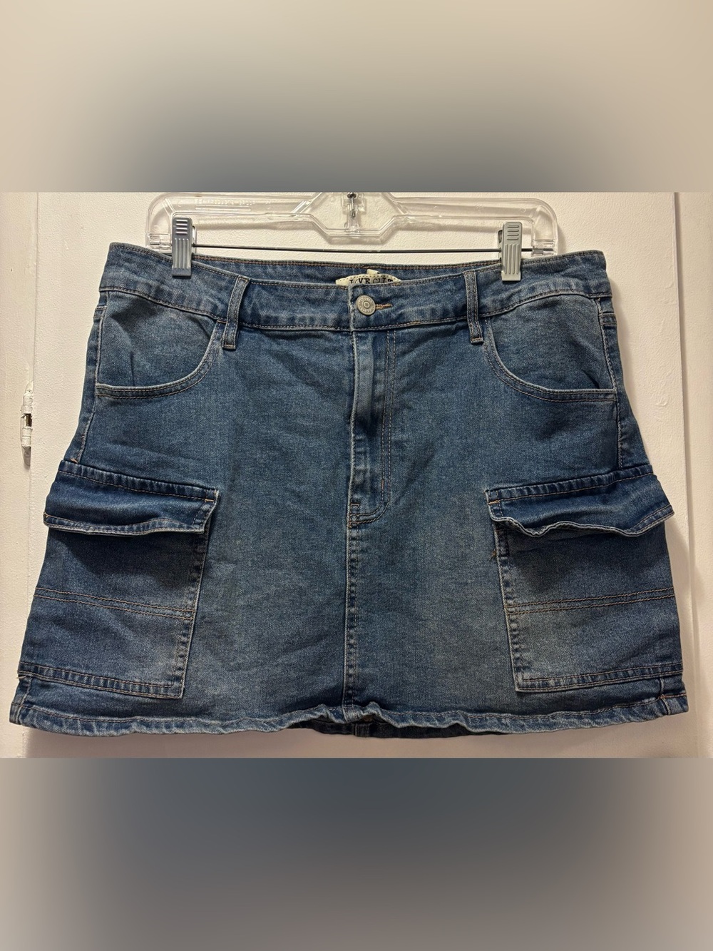 Denim Mini Skirt with Cargo Pockets - Blue, XL